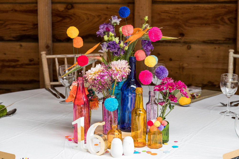 Centrepiece Decor Flowers Wool Pom Poms Rainbow Woodhouse Barn Wedding John Wellings