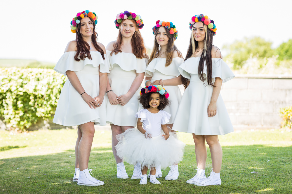 Bridesmaids White Dresses Pom Pom Headbands Woodhouse Barn Wedding John Wellings