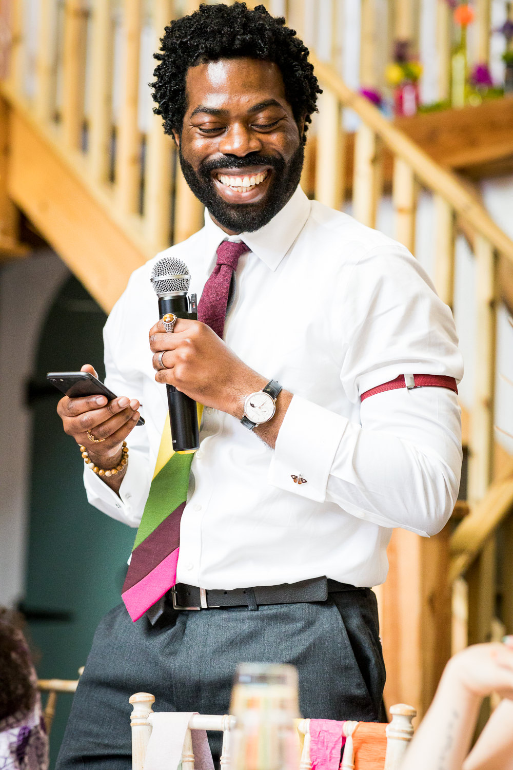 Groom Rainbow Tie Woodhouse Barn Wedding John Wellings