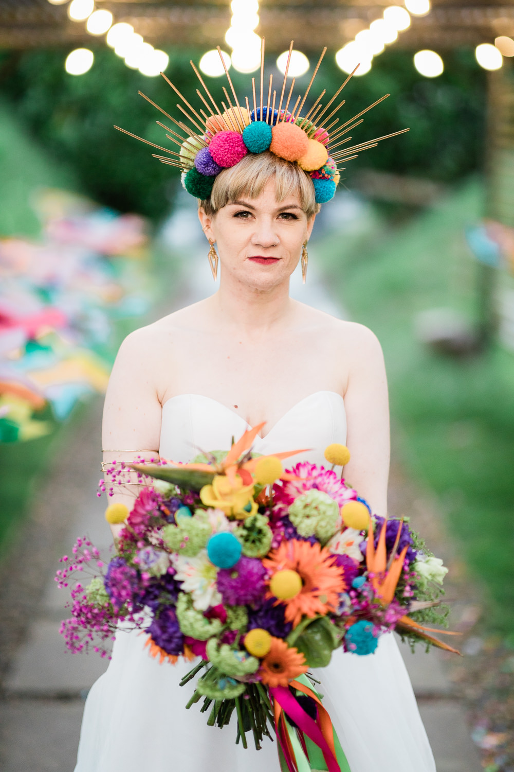 Bride Bridal Headdress Crown Pom Pom Rainbow Bouquet Flowers Woodhouse Barn Wedding John Wellings