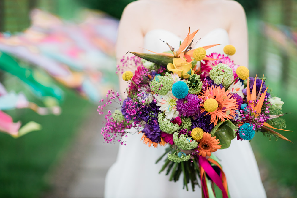 Bouquet Flowers Bride Bridal Rainbow Pom Pom Woodhouse Barn Wedding John Wellings