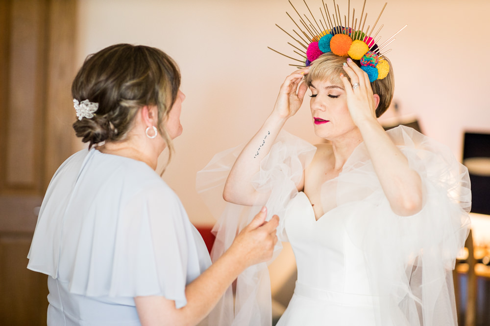 Bride Bridal Headdress Crown Pom Pom Rainbow Woodhouse Barn Wedding John Wellings