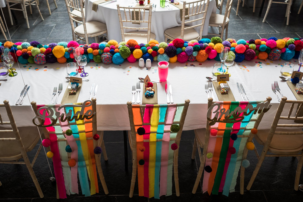 Chair Sign Rainbow Decor Ribbons Woodhouse Barn Wedding John Wellings