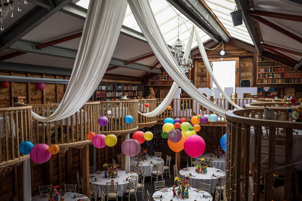 Barn Decor Rainbow Flowers Balloons Drapes Woodhouse Barn Wedding John Wellings