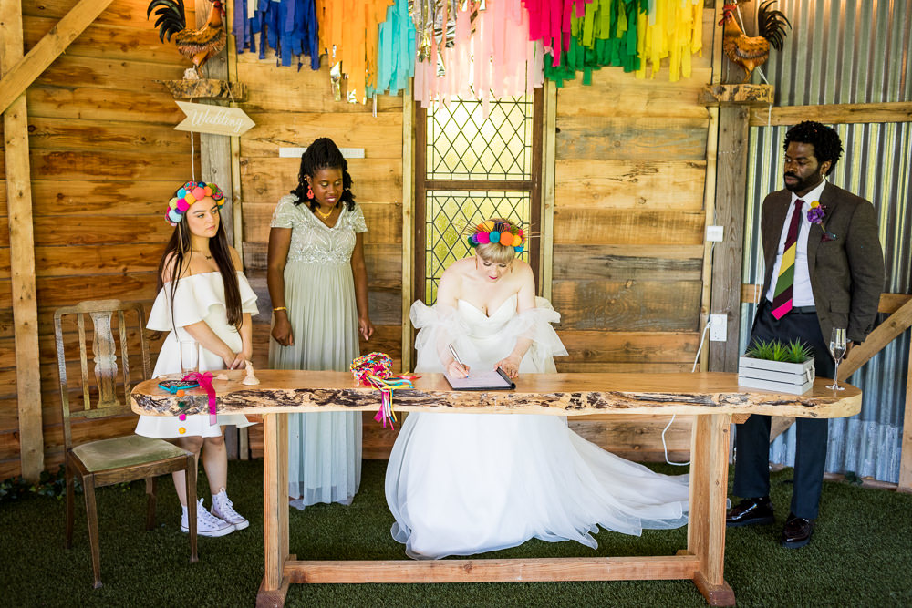 Rainbow Streamer Tassel Backdrop Woodhouse Barn Wedding John Wellings