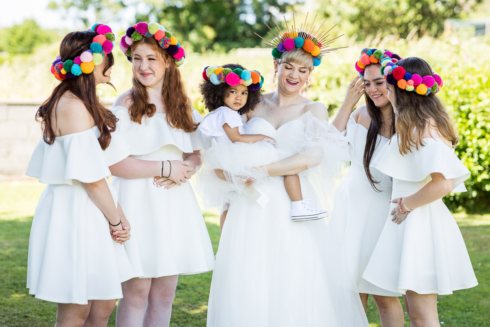 Bridesmaids White Dresses Pom Pom Headbands Woodhouse Barn Wedding John Wellings