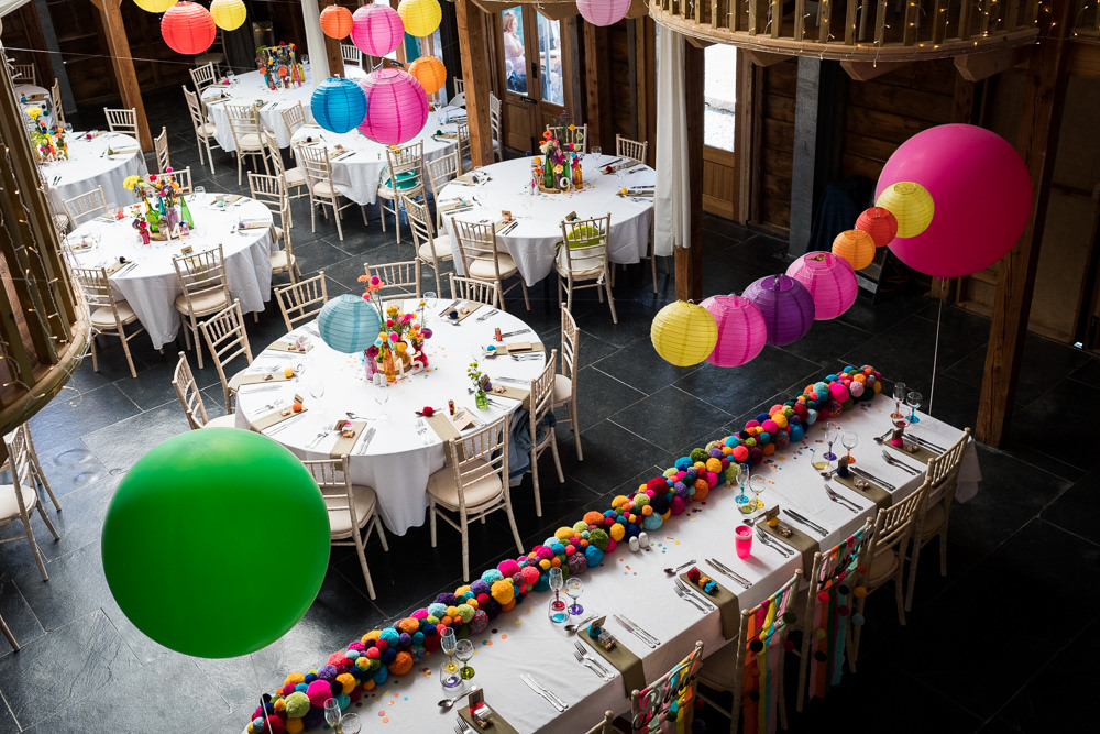 Barn Decor Rainbow Flowers Balloons Lanterns Woodhouse Barn Wedding John Wellings