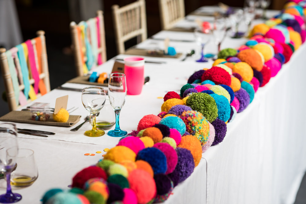 Rainbow Pom Pom Wool Decor Table Woodhouse Barn Wedding John Wellings