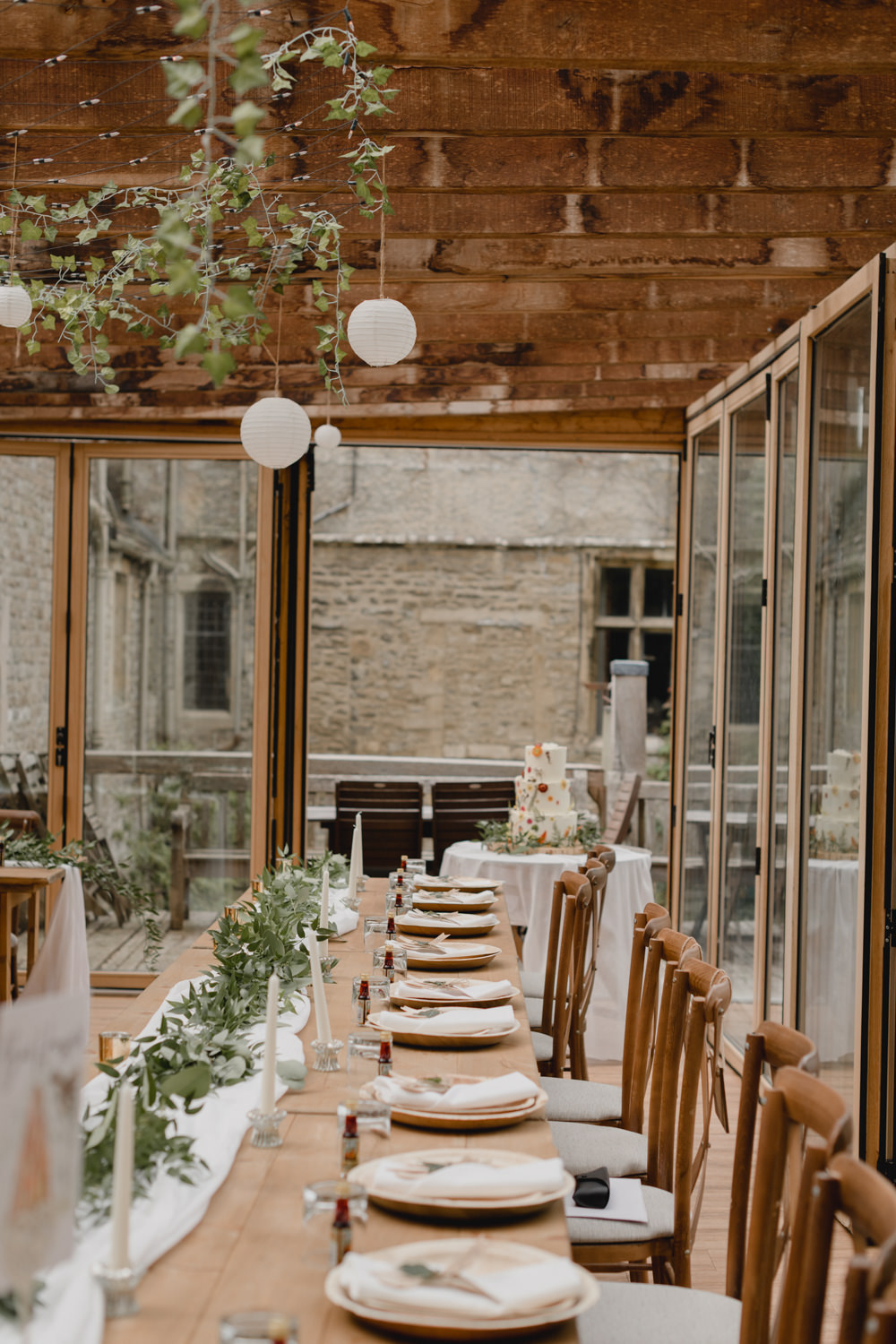 Long Wooden Table Decor Greenery Lanterns White Abbey House Gardens Wedding Lyra&Moth Photography