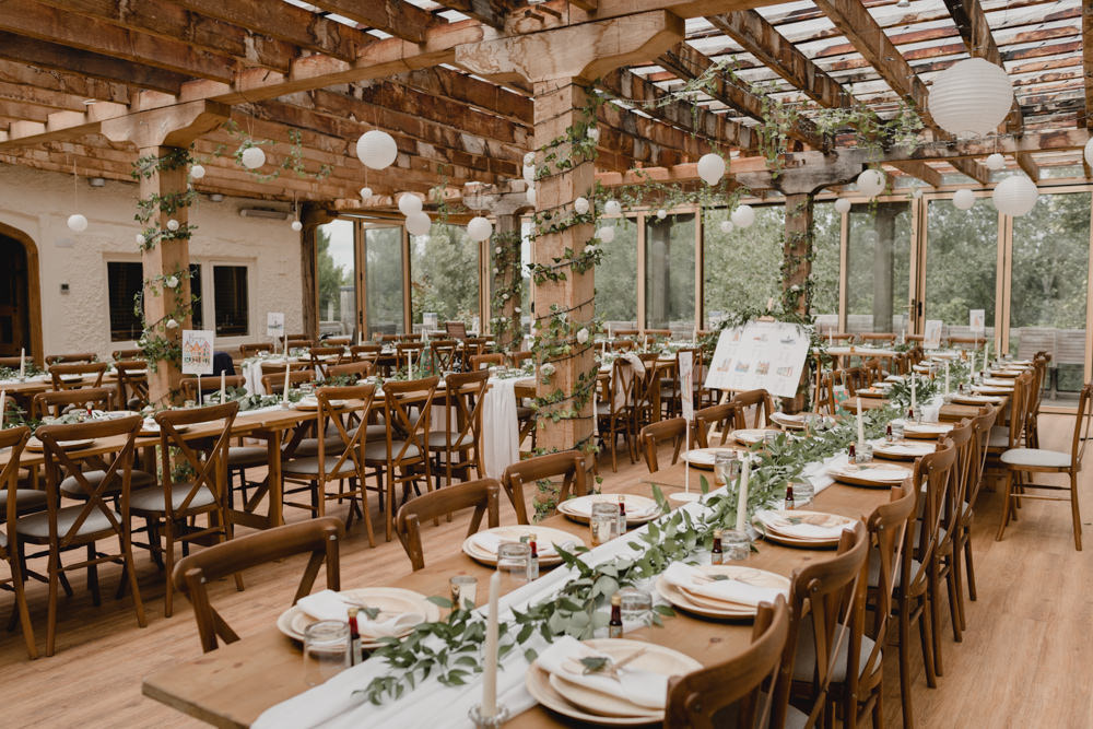 Long Wooden Table Decor Greenery Lanterns White Abbey House Gardens Wedding Lyra&Moth Photography