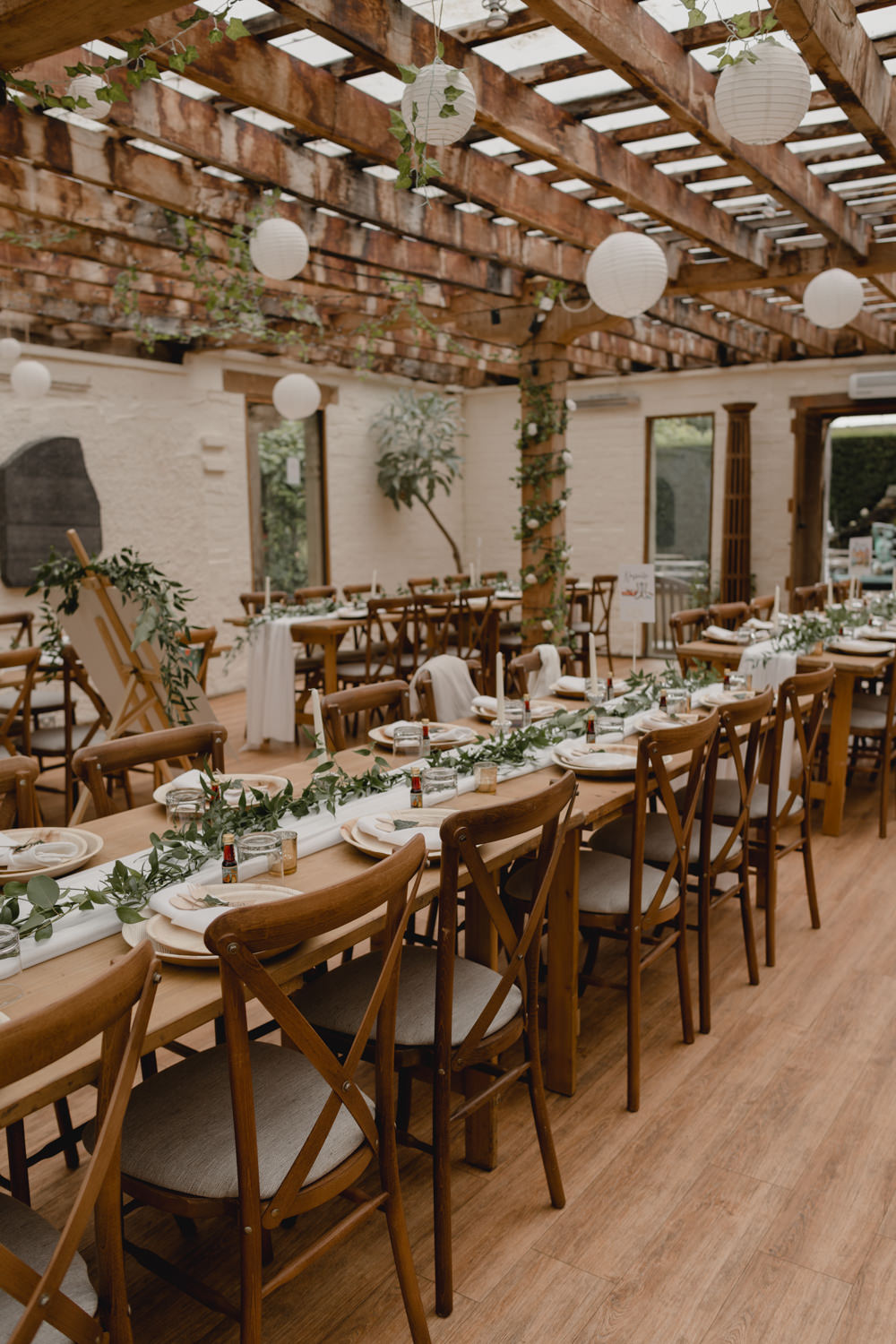 Long Wooden Table Decor Greenery Lanterns White Abbey House Gardens Wedding Lyra&Moth Photography
