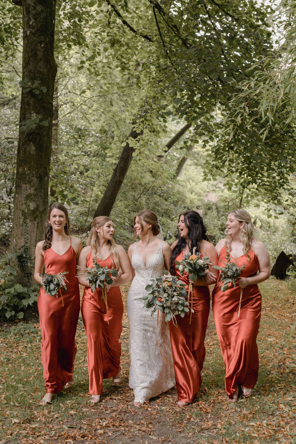 Silk Bridesmaids Orange Dresses Abbey House Gardens Wedding Lyra&Moth Photography