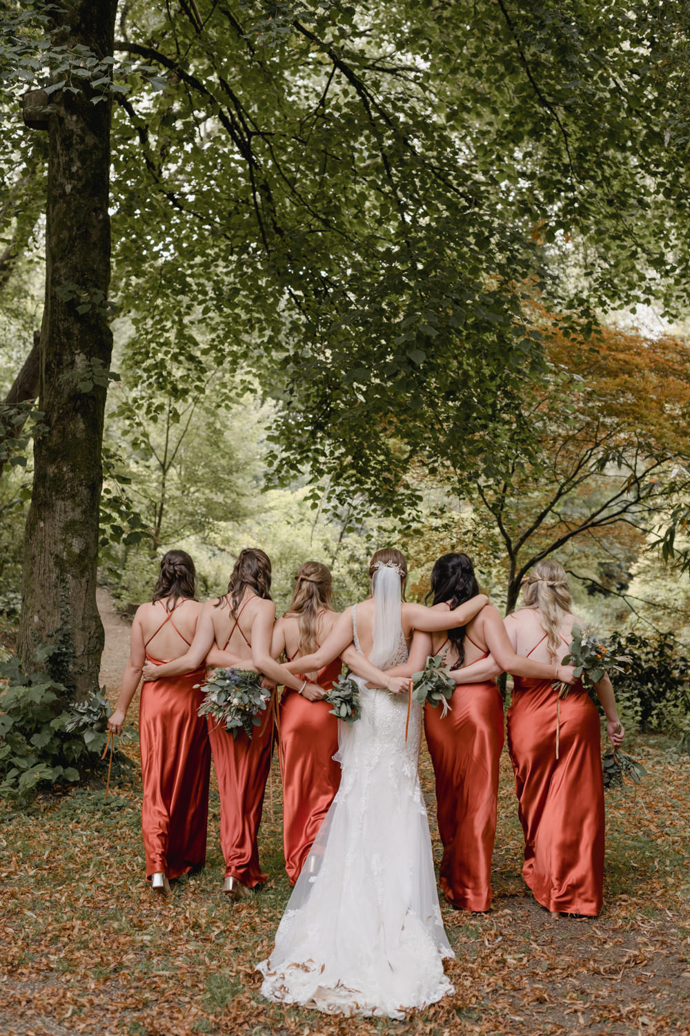 Silk Bridesmaids Orange Dresses Abbey House Gardens Wedding Lyra&Moth Photography