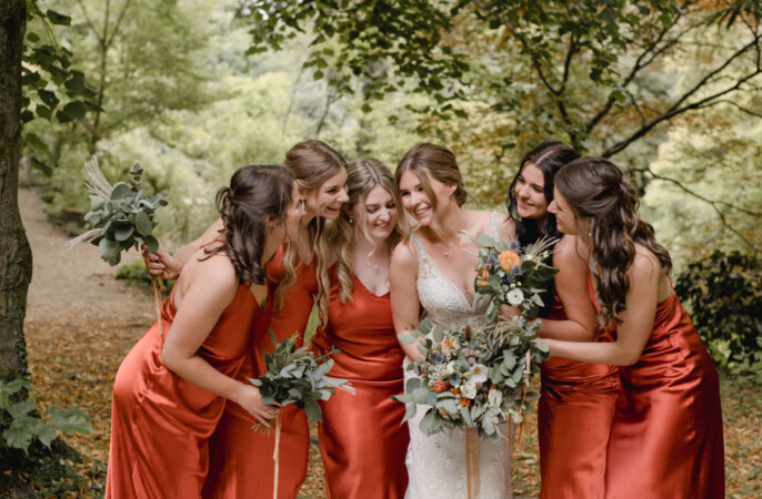 Silk Bridesmaids Orange Dresses Abbey House Gardens Wedding Lyra&Moth Photography