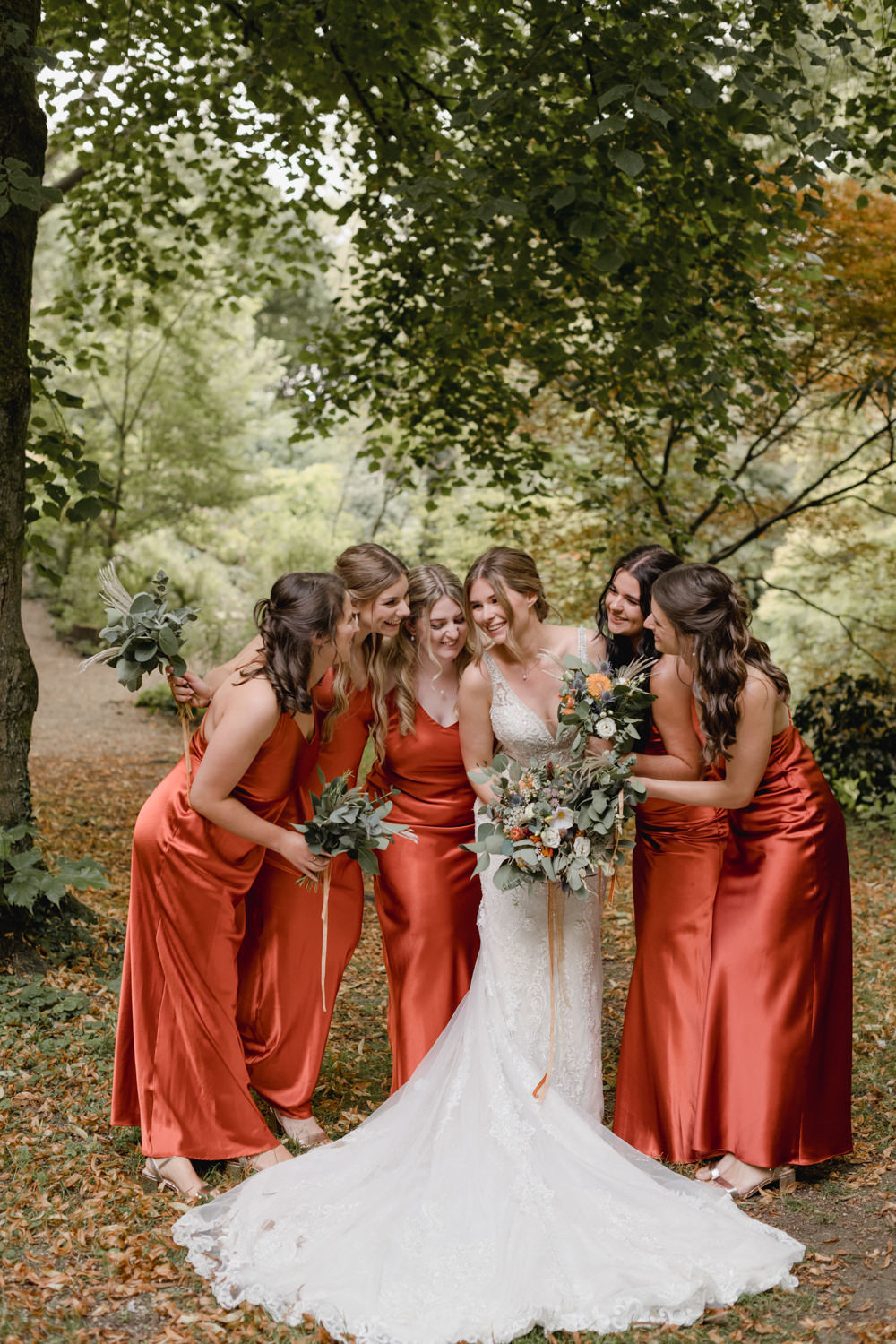 Silk Bridesmaids Orange Dresses Abbey House Gardens Wedding Lyra&Moth Photography