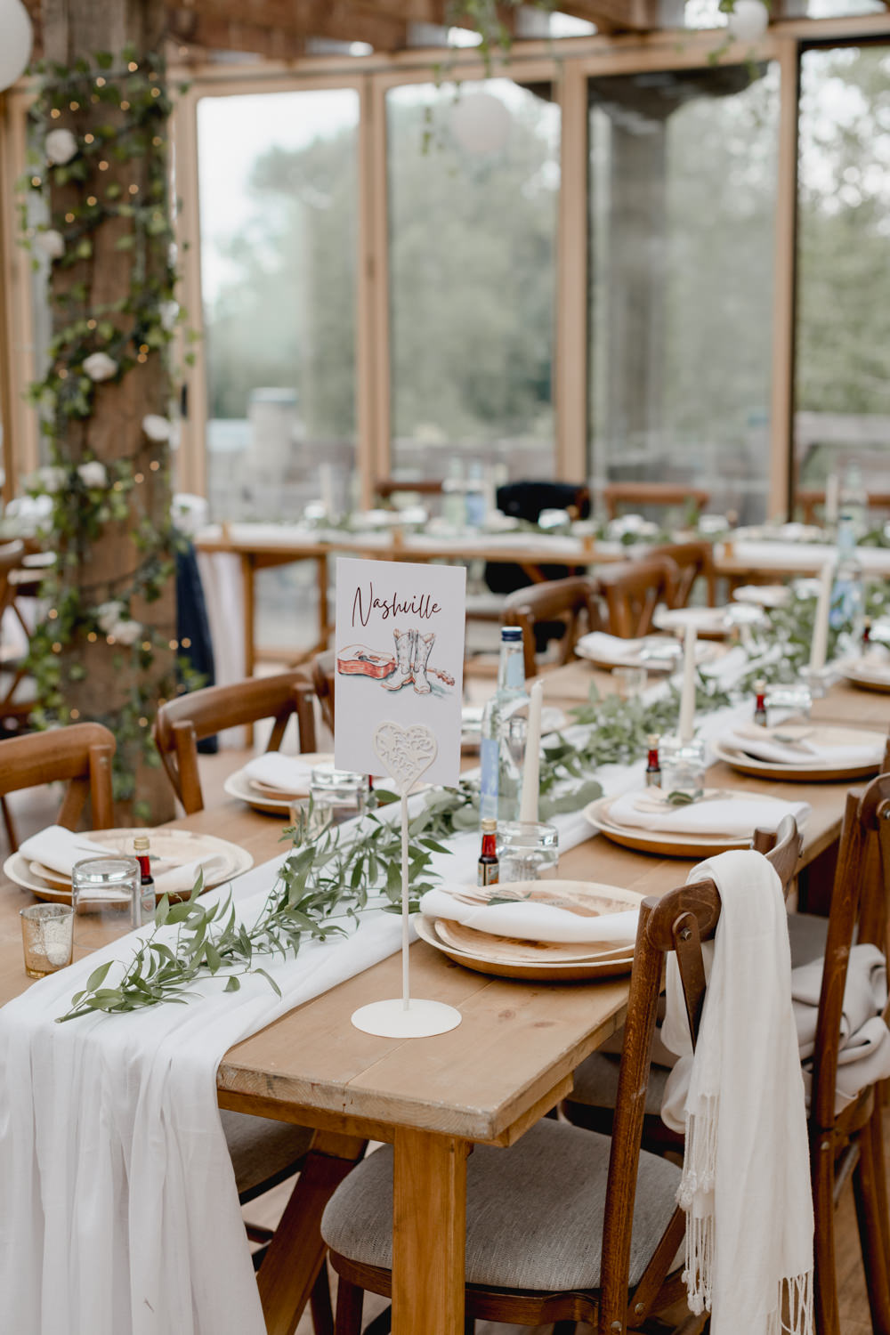 Long Wooden Table Decor Greenery Lanterns White Abbey House Gardens Wedding Lyra&Moth Photography