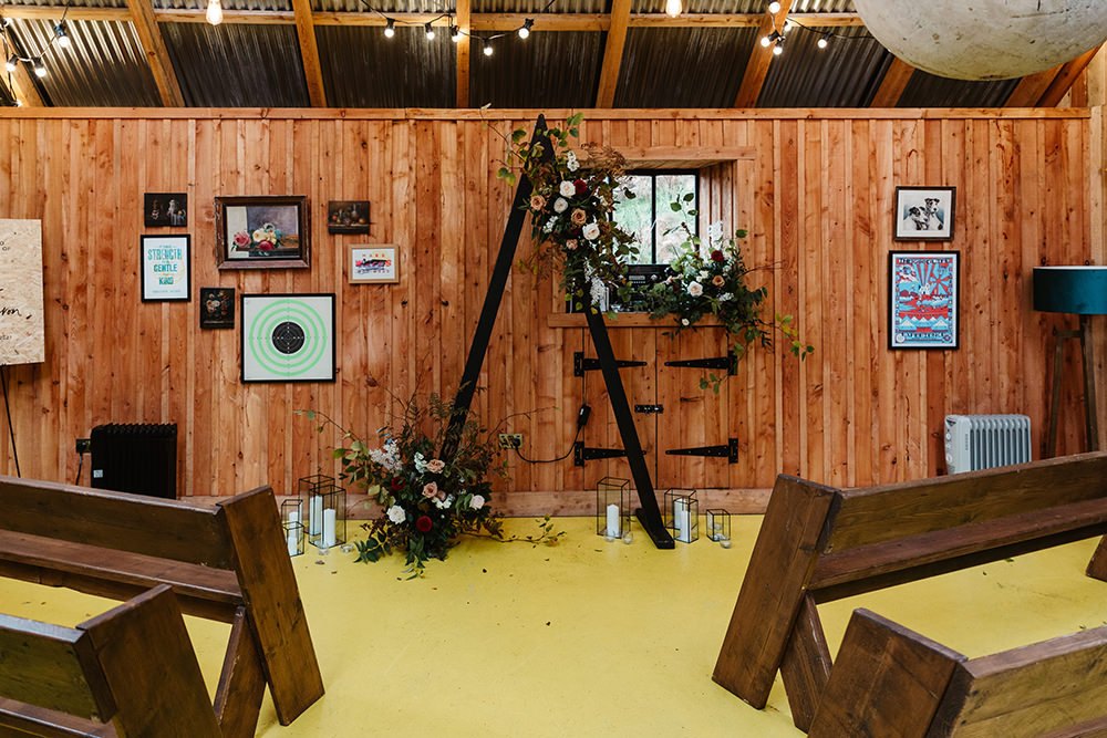 Triangle Arch Backdrop Flowers Ceremony Autumn Forest Wedding Emma Lawson Photography