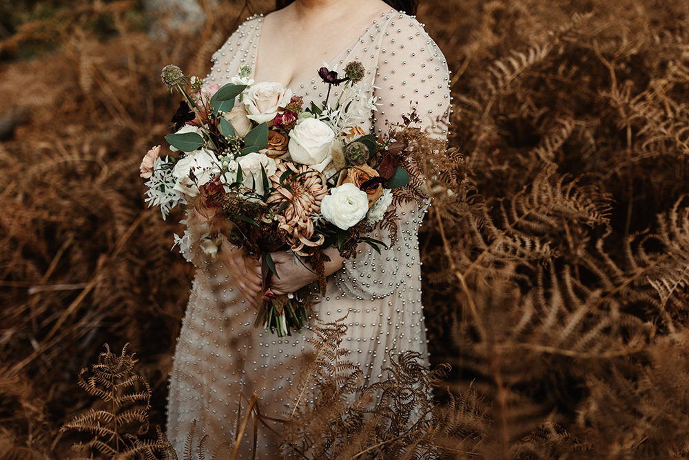 Bouquet Flowers Bride Bridal Burnt Orange Rose Toffee Autumn Forest Wedding Emma Lawson Photography