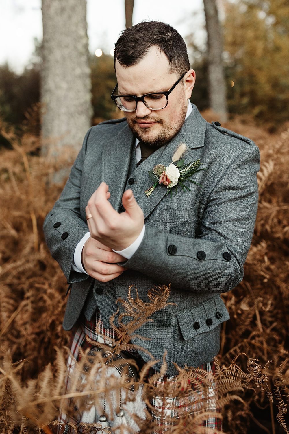 Groom Kilt Tartan Grey Waistcoat Jacket Autumn Forest Wedding Emma Lawson Photography