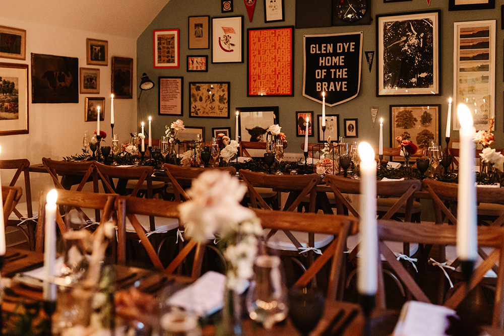 Rustic Wooden Tables Long Flowers Candles Autumn Forest Wedding Emma Lawson Photography