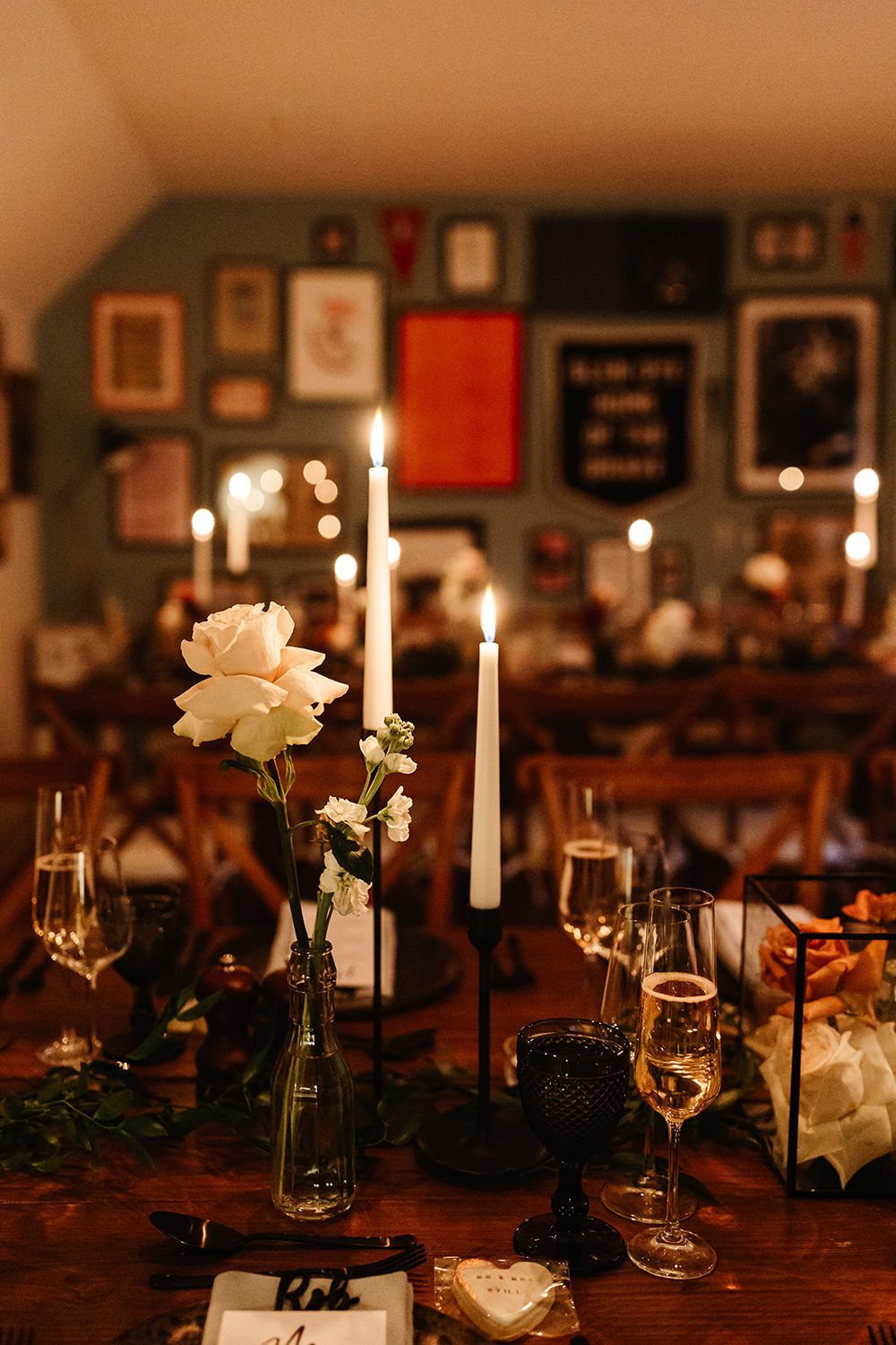 Rustic Wooden Tables Long Flowers Candles Autumn Forest Wedding Emma Lawson Photography