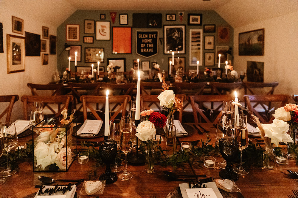 Rustic Wooden Tables Long Flowers Candles Autumn Forest Wedding Emma Lawson Photography