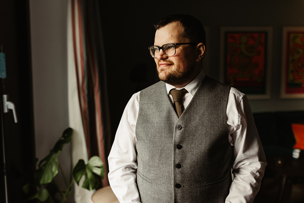Groom Kilt Tartan Grey Waistcoat Jacket Autumn Forest Wedding Emma Lawson Photography