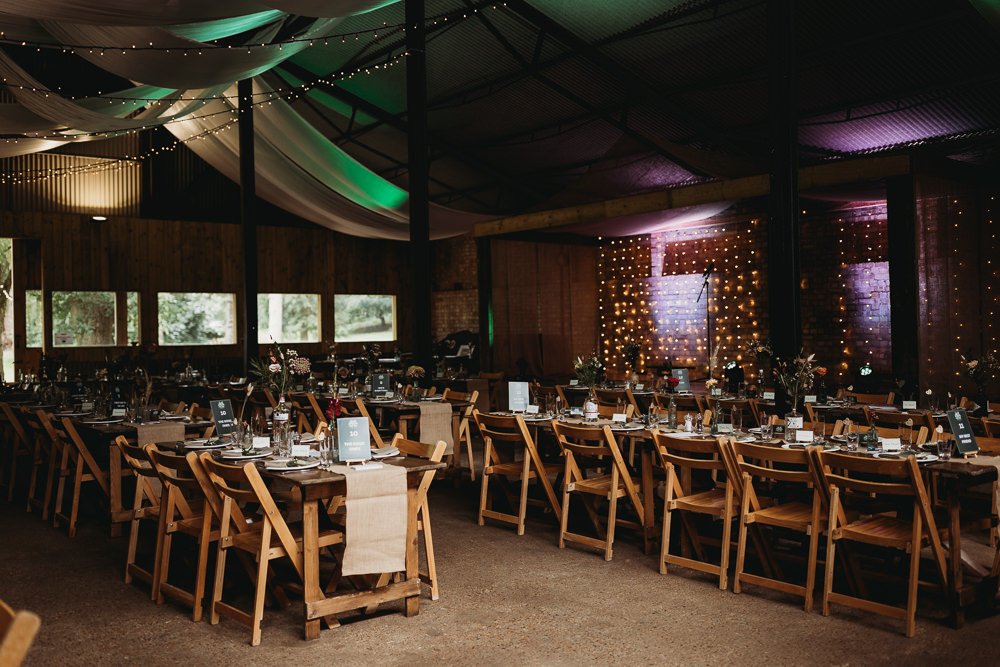 Reception Hanging Fabric Fairylights Long Tables Decor Barn Norfolk Wedding Thyme Lane Photography