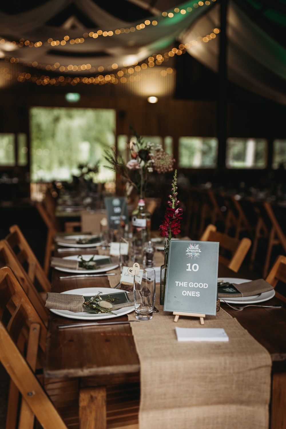 Wooden Table Decor Rustic Hessian Flowers Gin Bottles Barn Norfolk Wedding Thyme Lane Photography