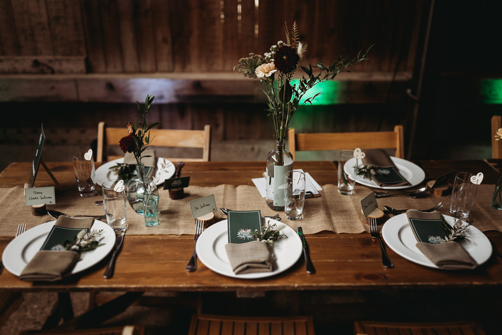 Wooden Table Decor Rustic Hessian Flowers Gin Bottles Barn Norfolk Wedding Thyme Lane Photography