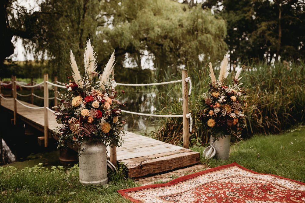Aisle Flowers Milk Churn Pampas Grass Barn Norfolk Wedding Thyme Lane Photography