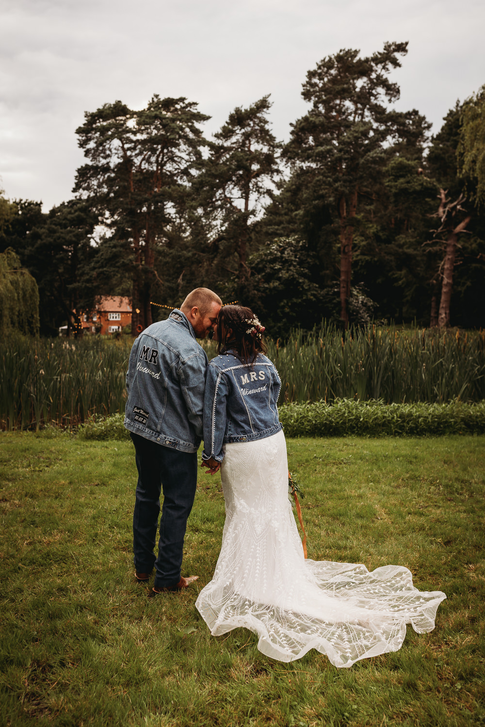Bride Groom Custom Denim Jackets Barn Norfolk Wedding Thyme Lane Photography