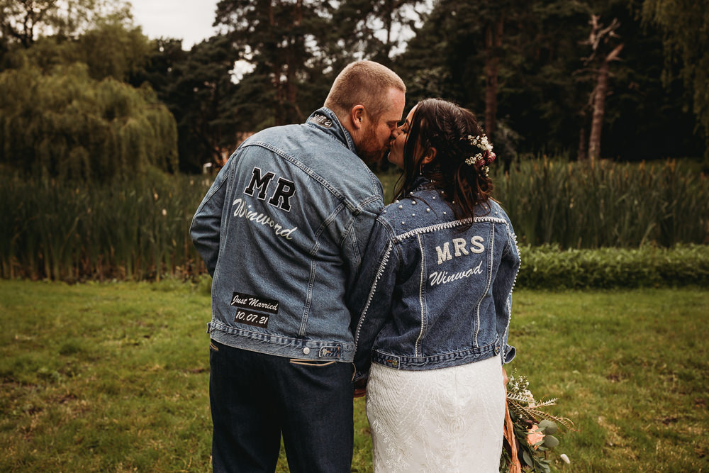Bride Groom Custom Denim Jackets Barn Norfolk Wedding Thyme Lane Photography