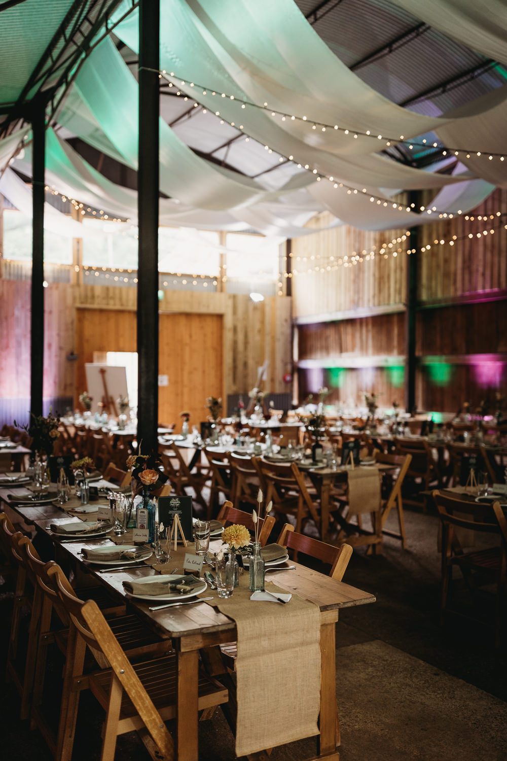 Reception Hanging Fabric Fairylights Long Tables Decor Barn Norfolk Wedding Thyme Lane Photography