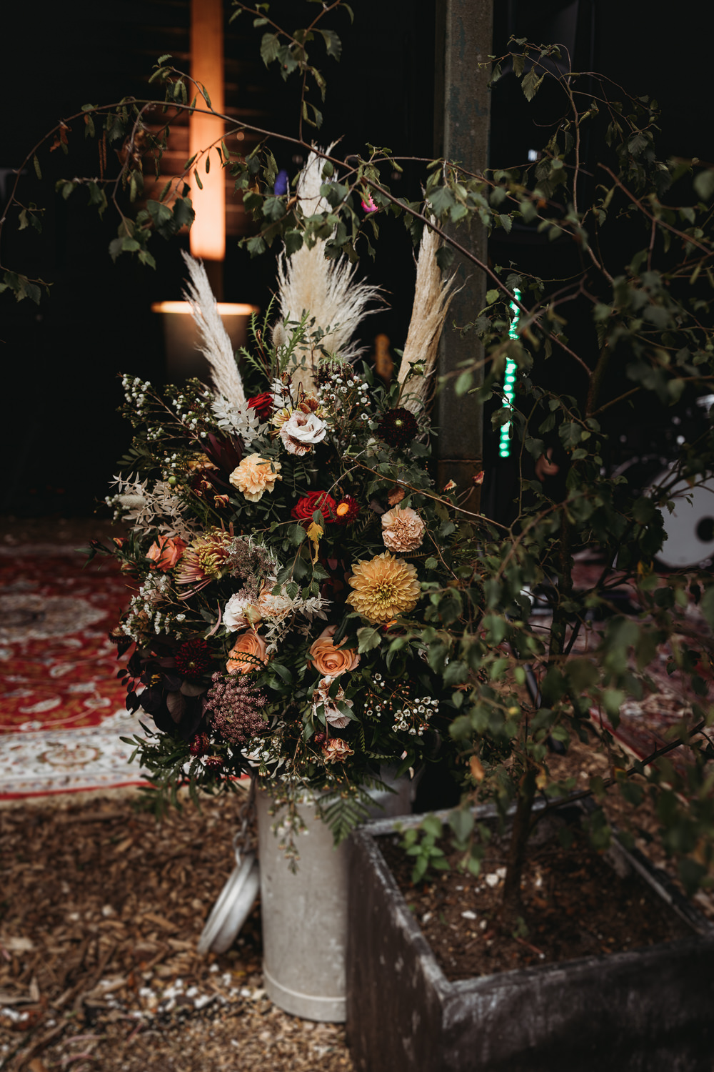 Aisle Flowers Milk Churn Pampas Grass Barn Norfolk Wedding Thyme Lane Photography