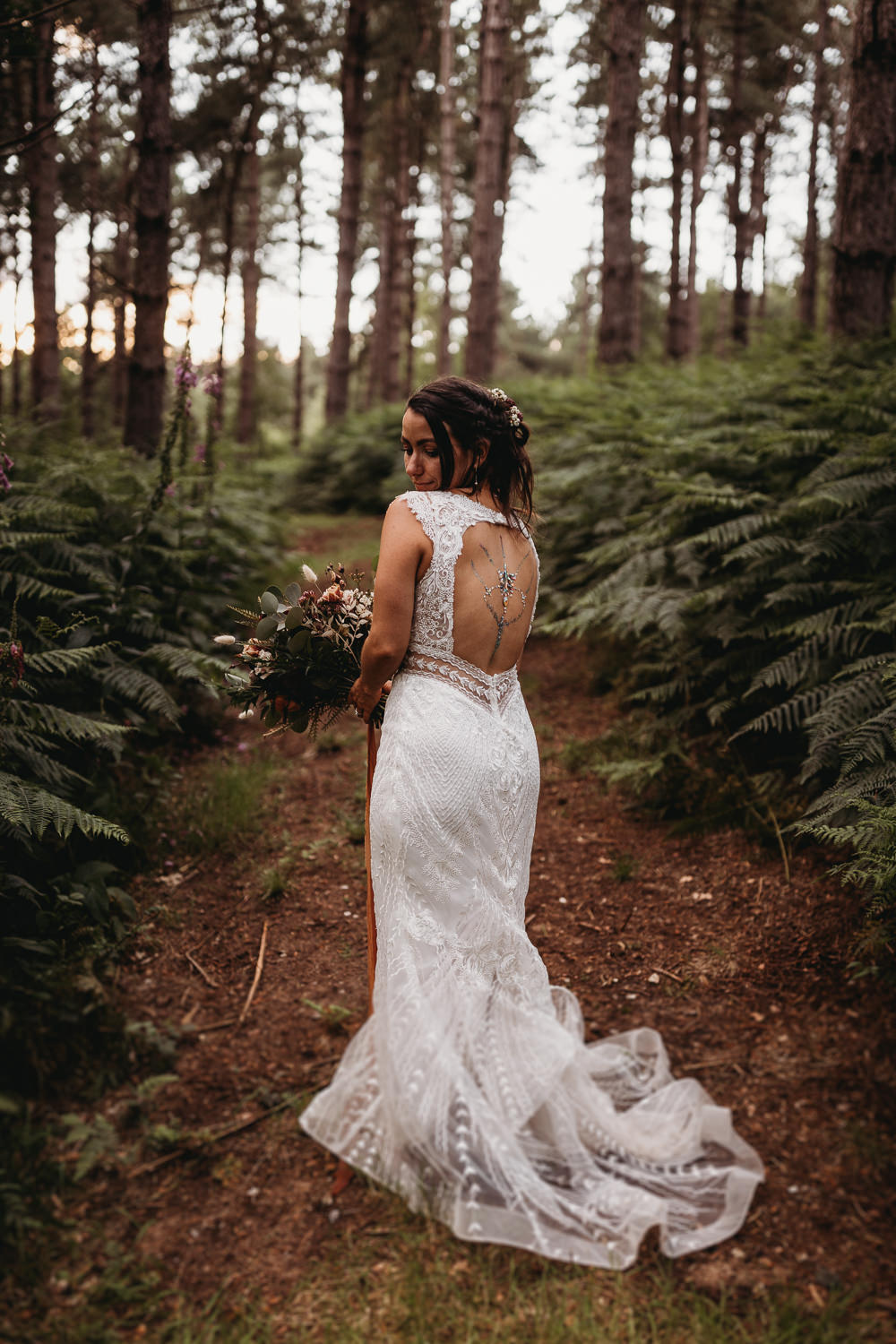 Dress Gown Bride Bridal Lace Key Hole Back Barn Norfolk Wedding Thyme Lane Photography