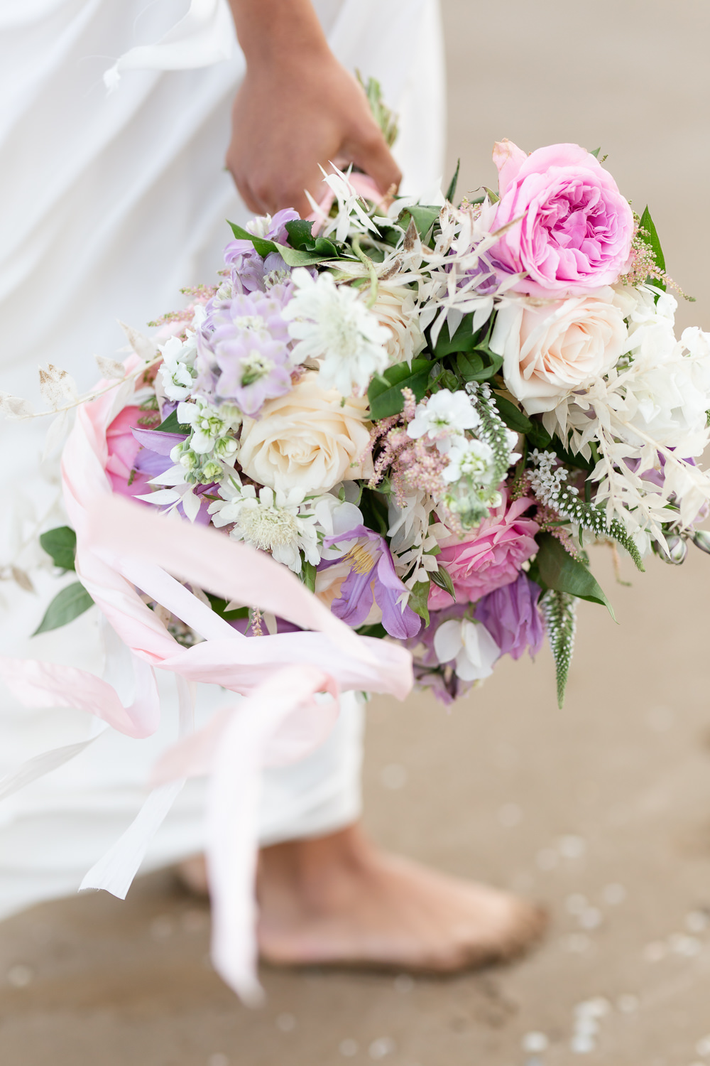 Bouquet Flowers Bride Bridal Pink Rose Cream Ribbon Summer Spring Beach Picnic Wedding Ellie Lou Photography