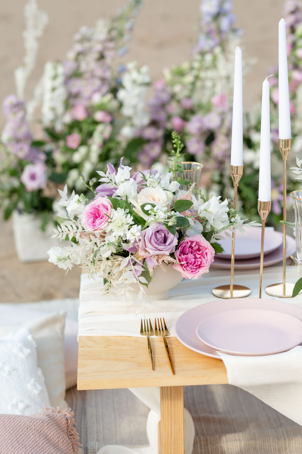 Low Wooden Table Candles Pink Lilac Flowers Decor Beach Picnic Wedding Ellie Lou Photography