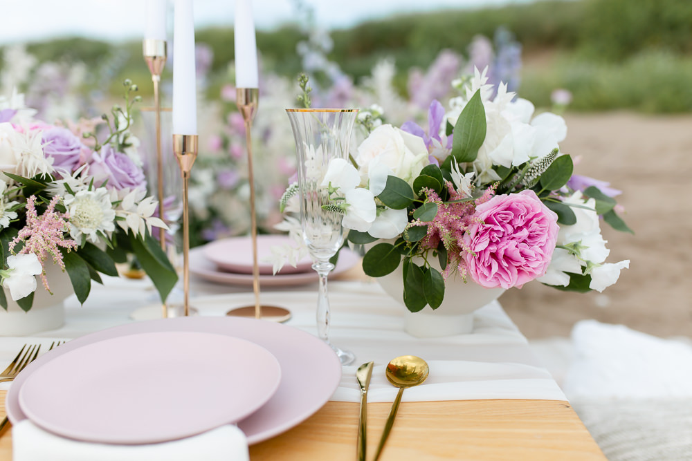 Low Wooden Table Candles Pink Lilac Flowers Decor Beach Picnic Wedding Ellie Lou Photography