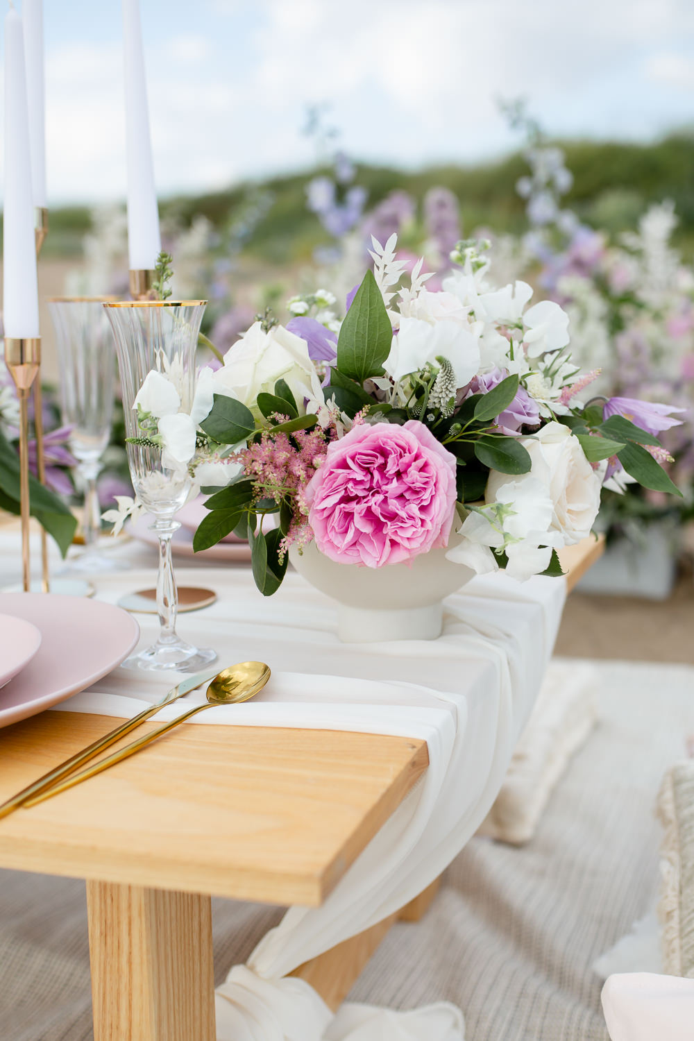 Low Wooden Table Candles Pink Lilac Flowers Decor Beach Picnic Wedding Ellie Lou Photography