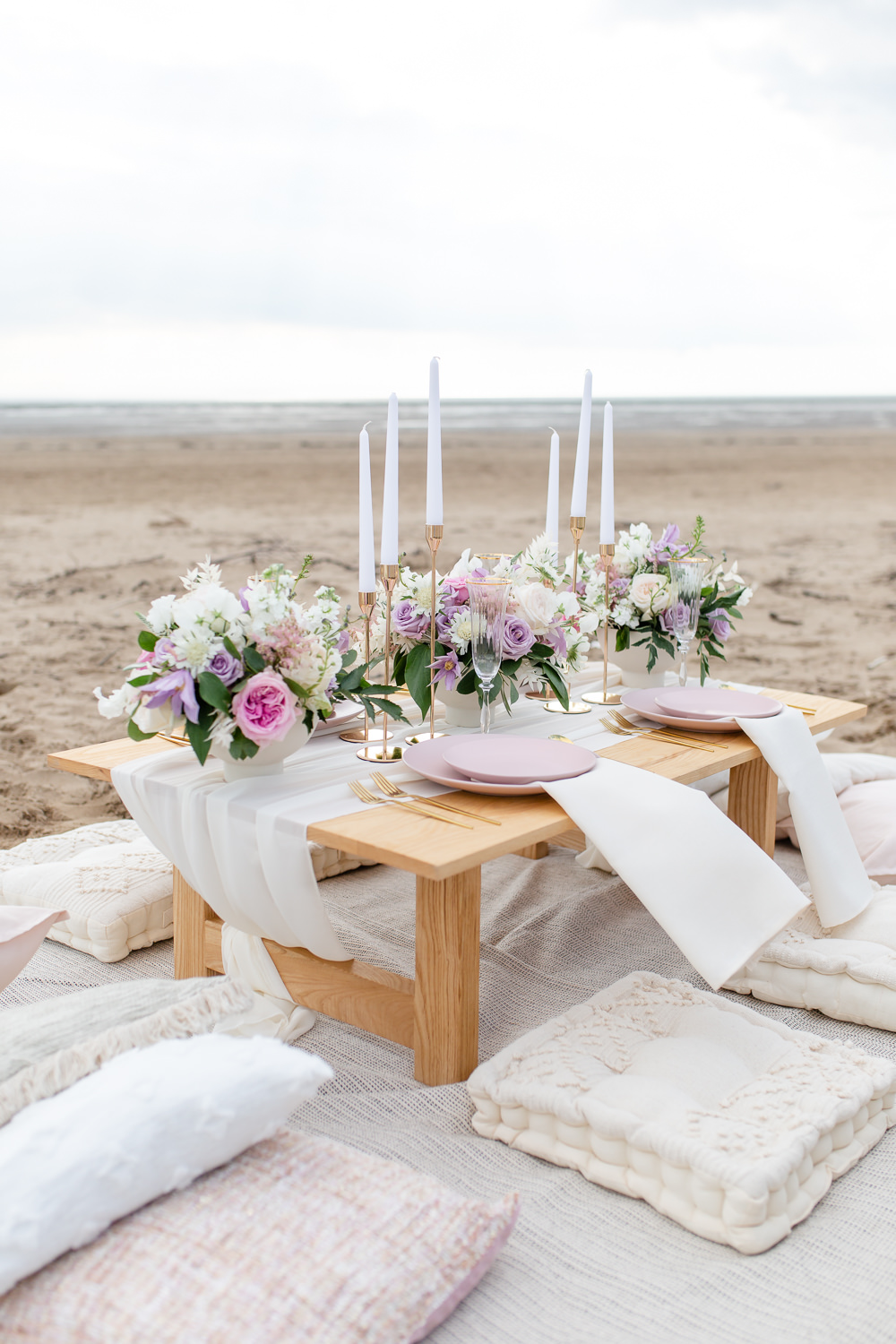 Low Wooden Table Candles Pink Lilac Flowers Decor Beach Picnic Wedding Ellie Lou Photography