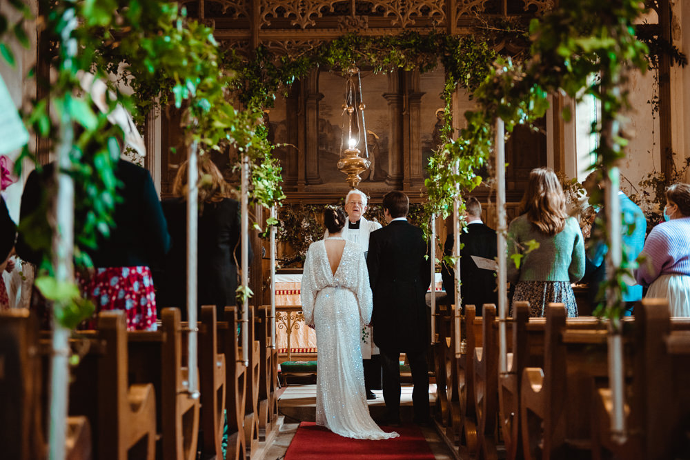 Church Flowers Pew End Decor Greenery Bluebell Woods Wedding Andrew Brannan Photography