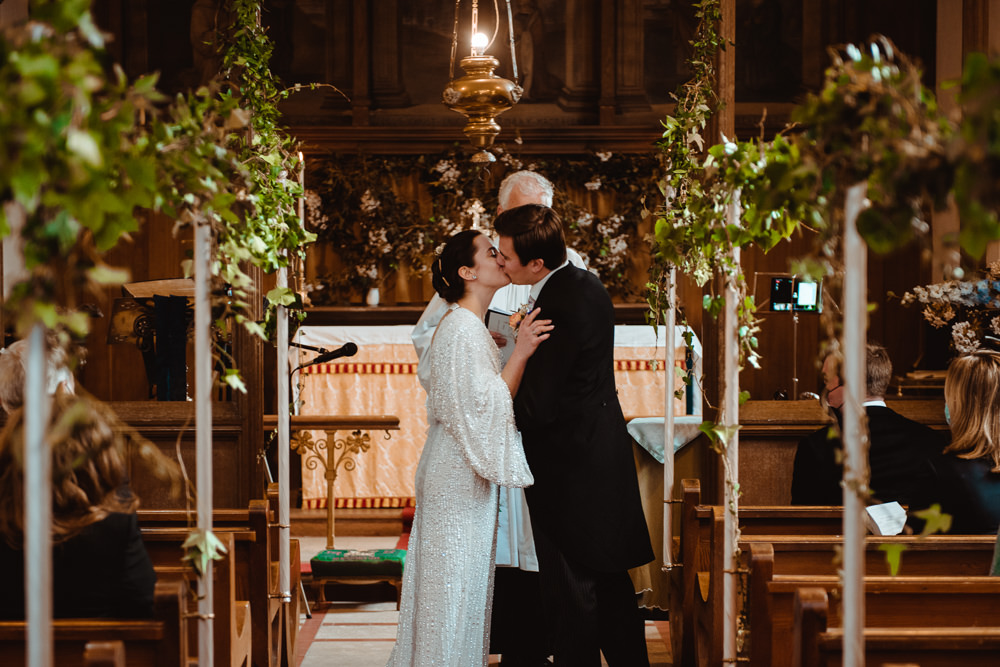 Church Flowers Pew End Decor Greenery Bluebell Woods Wedding Andrew Brannan Photography