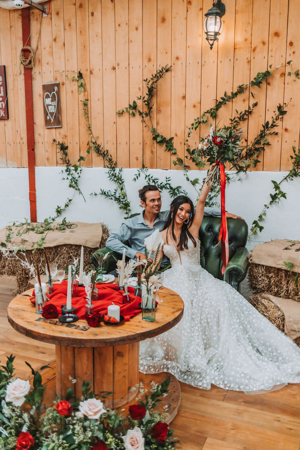 Wooden Cable Drum Table Red Decor Bold Wedding Ideas Pasha Jansen Photography