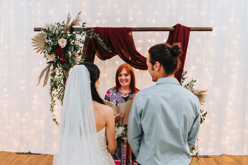 Ceremony Backdrop Red Drape Flowers Bold Wedding Ideas Pasha Jansen Photography