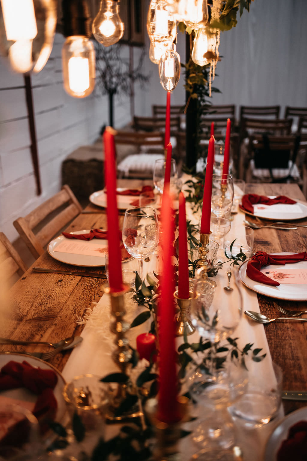 Wooden Table Red Candles Napkins Greenery Decor Bold Wedding Ideas Pasha Jansen Photography