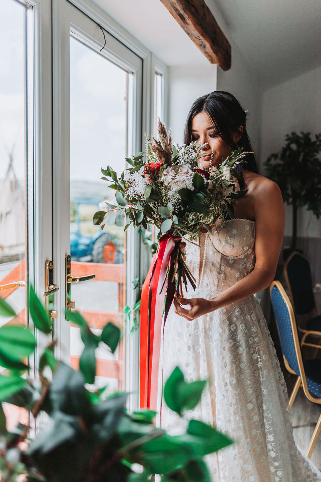 Bouquet Flowers Bride Bridal Red Rose Greenery Ribbon Bold Wedding Ideas Pasha Jansen Photography