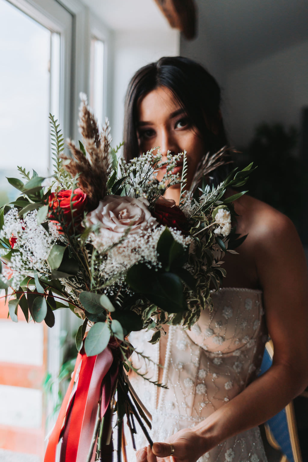 Bouquet Flowers Bride Bridal Red Rose Greenery Ribbon Bold Wedding Ideas Pasha Jansen Photography