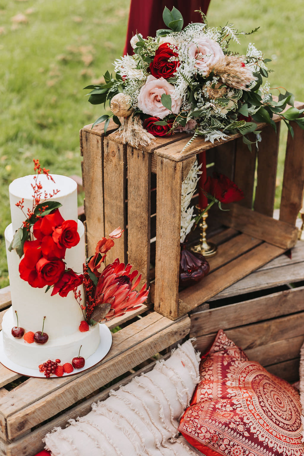White Iced Cake Red Flowers Wooden Crates Bold Wedding Ideas Pasha Jansen Photography