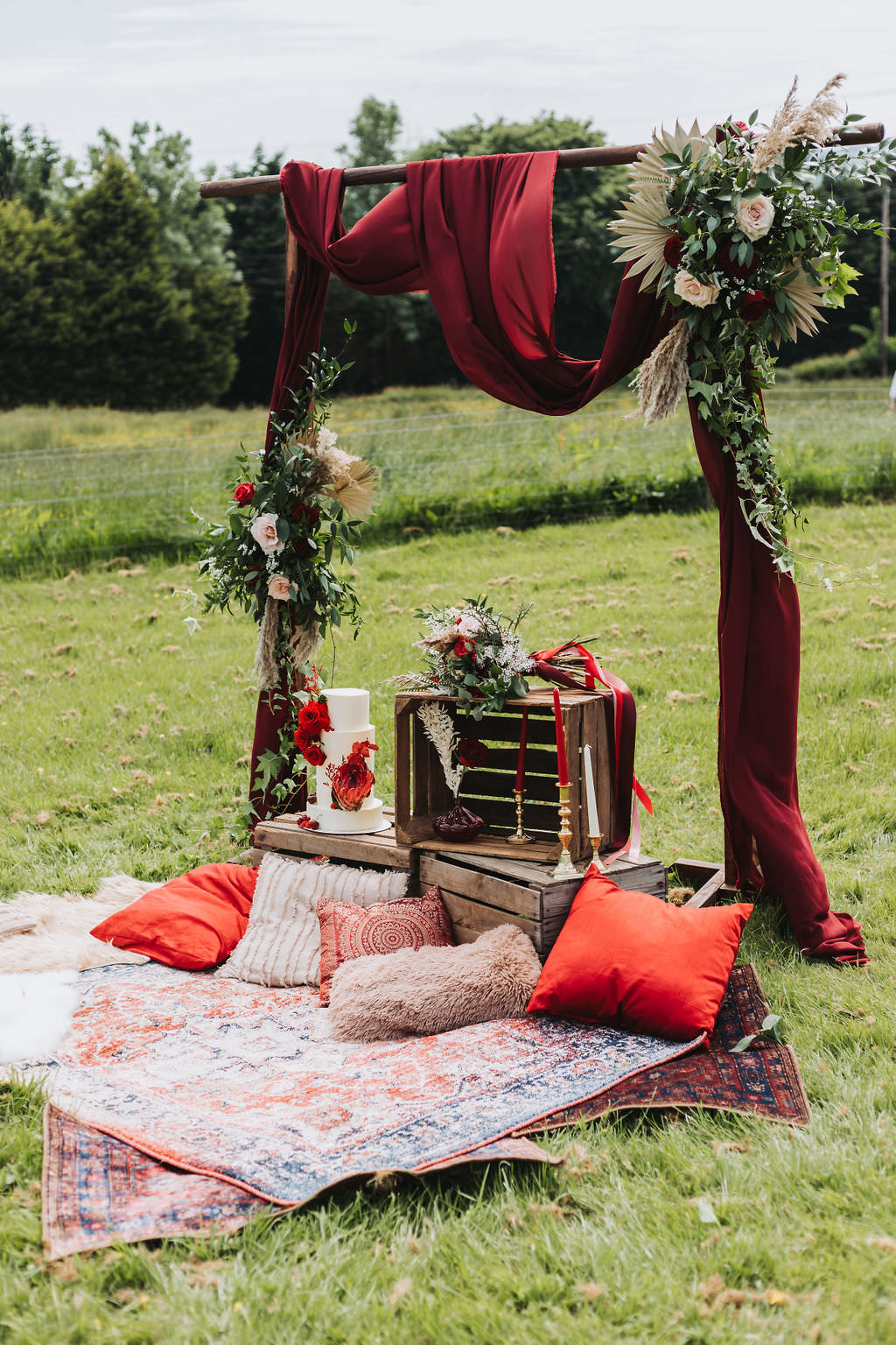 Picnic Flower Arch Backdrop Cushions Bold Wedding Ideas Pasha Jansen Photography